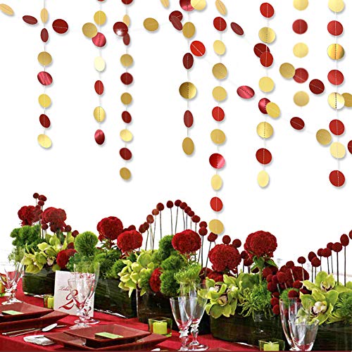 Gold Maroon Party Decorations Red Circle Dots Garland Streamer Hanging Backdrop for Wedding Birthday Engagement Bridal Shower Bachelorette Valentines Day Chinese New Year