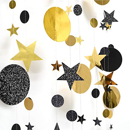 Black Gold Party Decorations Moon Star Garland Hanging Stars Circle Streamer Banner Backdrop Decor for Ramadan Wedding Birthday Bachelorette Bridal Shower New Year EID Graduation Party Supplies