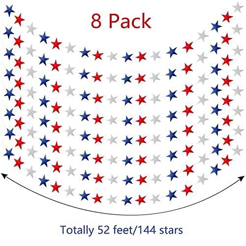 Patriotic Star Streamers Banner Garland Decorations for 4th of July Red White Blue Hanging Stars Banner Memorial Day Independence Day Celebration Veterans Day Party Decorations, 8 Pack