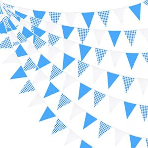 32ft blue party decorations blue buffalo plaid checkered white triangle flag gingham pennant bunting fabric garland for picnic racing car bbq birthday wedding carnival party outdoor home garden decor