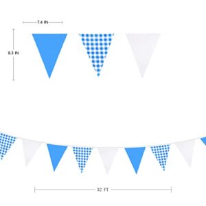 32Ft Blue Party Decorations Blue Buffalo Plaid Checkered White Triangle Flag Gingham Pennant Bunting Fabric Garland for Picnic Racing Car BBQ Birthday Wedding Carnival Party Outdoor Home Garden Decor