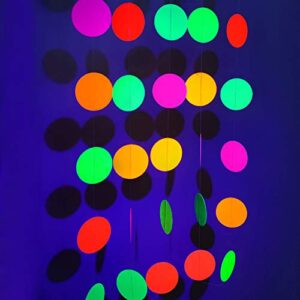 uniideco neon paper circles garland rave black light birthday decorations, glow in the dark party supplies, uv blacklight reactive decoration room decor, hanging circle dots streamers wall backdrop