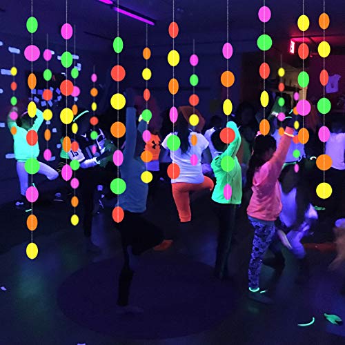 UNIIDECO Neon Paper Circles Garland Rave Black Light Birthday Decorations, Glow in The Dark Party Supplies, UV Blacklight Reactive Decoration Room Decor, Hanging Circle Dots Streamers Wall Backdrop