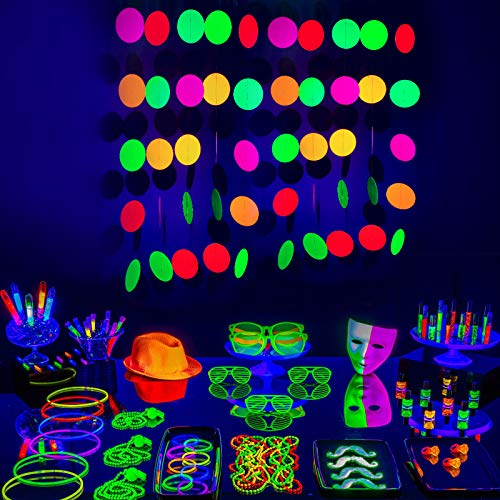 UNIIDECO Neon Paper Circles Garland Rave Black Light Birthday Decorations, Glow in The Dark Party Supplies, UV Blacklight Reactive Decoration Room Decor, Hanging Circle Dots Streamers Wall Backdrop