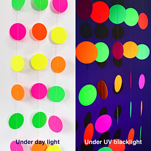 UNIIDECO Neon Paper Circles Garland Rave Black Light Birthday Decorations, Glow in The Dark Party Supplies, UV Blacklight Reactive Decoration Room Decor, Hanging Circle Dots Streamers Wall Backdrop