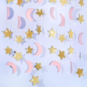 moon and stars garland 2pcs glitter gold twinkle stars pink crescent paper garlands hanging decorations girl birthday party decorations girl baby shower decorations pink gold nursery room decorations