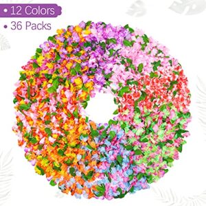 ELCOHO 36 Pieces Luau Party Supplies Colorful Hawaiian Leis Necklace Hawaiian Flower Garlands for Adults for Beach Party Decorations Birthday Party Favors