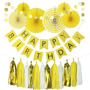 yellow birthday party decoration – 6 hanging fans & birthday banner & decorative circle dot garland & 12 paper tassels for birthday party, baby shower, wedding etc.