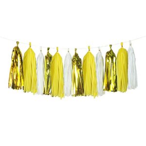 Yellow Birthday Party Decoration - 6 Hanging Fans & Birthday Banner & Decorative Circle Dot Garland & 12 Paper Tassels for Birthday Party, Baby Shower, Wedding etc.