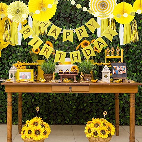 Yellow Birthday Party Decoration - 6 Hanging Fans & Birthday Banner & Decorative Circle Dot Garland & 12 Paper Tassels for Birthday Party, Baby Shower, Wedding etc.