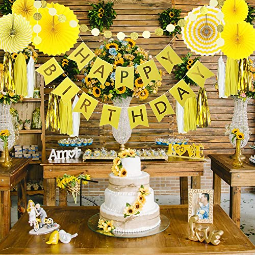 Yellow Birthday Party Decoration - 6 Hanging Fans & Birthday Banner & Decorative Circle Dot Garland & 12 Paper Tassels for Birthday Party, Baby Shower, Wedding etc.