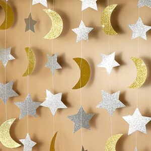 gold silver moon star garland for twinkle twinkle little star party decoration/first birthday/baby shower/wedding/kids room/nursery/ramadan eid/graduation decor/goodnight moon party decorations
