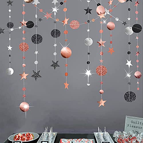 Glitter Rose Gold Black Circle Dot Garland Twinkle Little Star Party Decoration Hanging Banner Backdrop Decor Wedding/Birthday/Bday/Prom/Anniversary/Engagement/Hen Party/Bachelorette Party Supplies