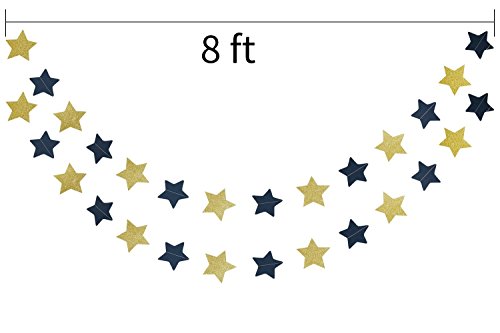 Furuix Outer Space Decorations Birthday Party Decorations 2pcs Navy Blue Glitter Gold Paper Star Garlands Star String for Baby Shower Decorations