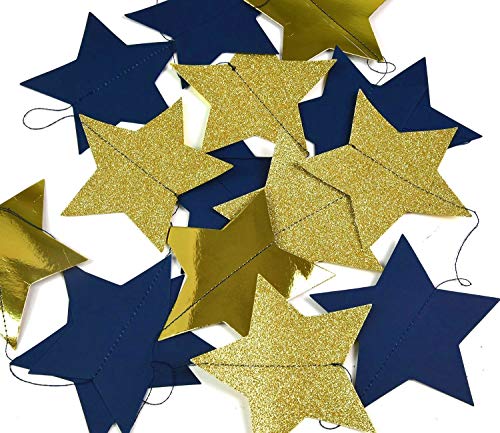 Furuix Outer Space Decorations Birthday Party Decorations 2pcs Navy Blue Glitter Gold Paper Star Garlands Star String for Baby Shower Decorations