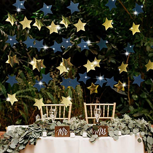 Furuix Outer Space Decorations Birthday Party Decorations 2pcs Navy Blue Glitter Gold Paper Star Garlands Star String for Baby Shower Decorations
