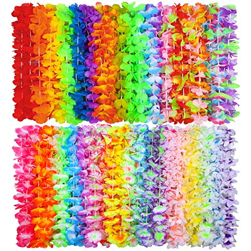 Ruisita 72 Pieces Hawaiian Leis 36 Colors Flowers Necklaces Hawaiian Luau Leis Necklaces for Tropical Themed Party Decorations Beach Party Decor