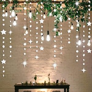 White Party Decorations Star Circle Dot Paper Garland Banner Bunting Streamer Glitter Hanging Twinkle Star Decoration for Kids Birthday Baby Bridal Shower Wedding Anniversary Engagement Decor
