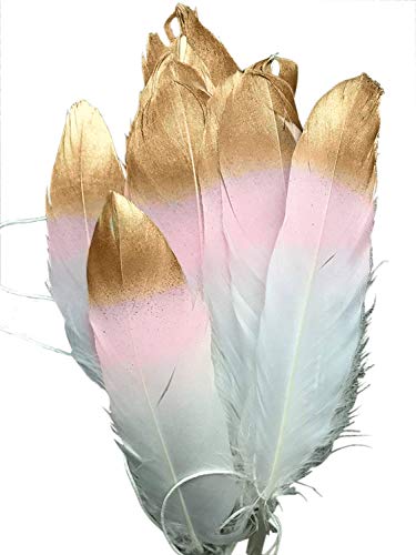 Feather Garland Decorations 10 Foot on a String Banner, Blush Pink and Gold Dipped Glitter Tipped White, Tribal Nursery, Girls Dorm Room, Boho Chic