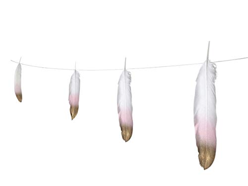 Feather Garland Decorations 10 Foot on a String Banner, Blush Pink and Gold Dipped Glitter Tipped White, Tribal Nursery, Girls Dorm Room, Boho Chic