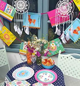 Talking Tables Bohemian Llama Paper Garland Bunting Pom Tassels (13ft) -Colorful Mexican Party Supplies for Birthday Celebration, Festival, Encanto Decorations, Banner, Garden Fiesta, Multi