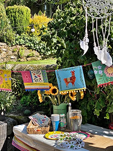 Talking Tables Bohemian Llama Paper Garland Bunting Pom Tassels (13ft) -Colorful Mexican Party Supplies for Birthday Celebration, Festival, Encanto Decorations, Banner, Garden Fiesta, Multi