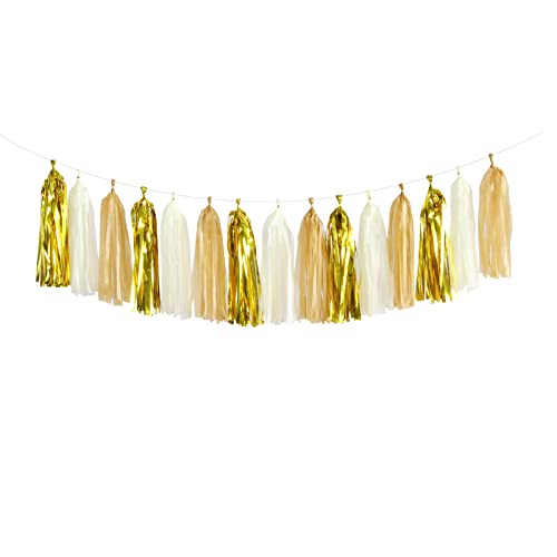 White Gold Champagne Party-Decorations Tassel-Garland -15pcs Christmas Wedding Engagement Tassels Banner Streamers Bachelorette Neutral Birthday Baby Bridal Shower Decor Panduola