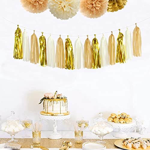 White Gold Champagne Party-Decorations Tassel-Garland -15pcs Christmas Wedding Engagement Tassels Banner Streamers Bachelorette Neutral Birthday Baby Bridal Shower Decor Panduola