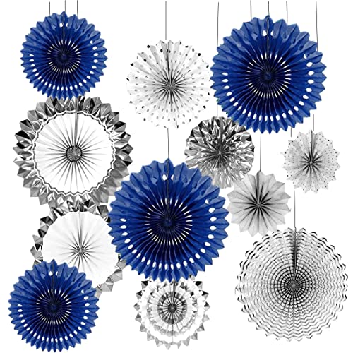 12PCS Navy Blue Silver Party Paper Fan Hanging Paper Fan Rosettes Party Garland for Boy Baby Shower Birthday Bachelorette Gender Reveal Graduation 2022 Navy Wedding Bridal Shower