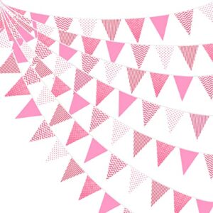 32ft hot pink striped dot pennant banner fabric triangle flag bunting garland streamers for wedding birthday baby bridal shower party home nursery outdoor garden hanging festivals decorations