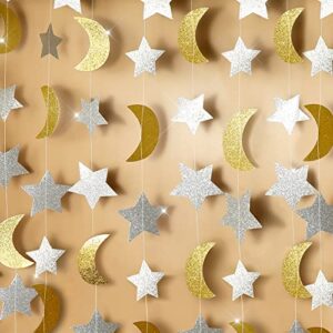 cute small gold silver star moon garlands glitter twinkle star garlands streamer for kids birthday/bday party baby shower wedding anniversary engagement graduation gold silver party decorations