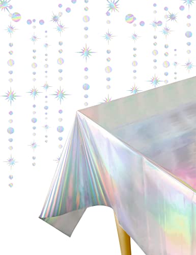 Iridescence Plastic Table Cloths for Parties 2 Pack Disposable Rectangle Holographic Foil Party Wedding Christmas Birthday Party Decorations with 2 Pack Star Garland Party Decorations Banner (Laser)