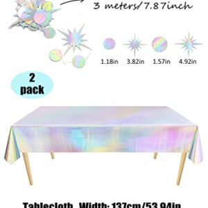 Iridescence Plastic Table Cloths for Parties 2 Pack Disposable Rectangle Holographic Foil Party Wedding Christmas Birthday Party Decorations with 2 Pack Star Garland Party Decorations Banner (Laser)