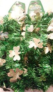 2 st. patrick’s green tinsel 9-ft garlands with gold shamrocks, total 18 ft