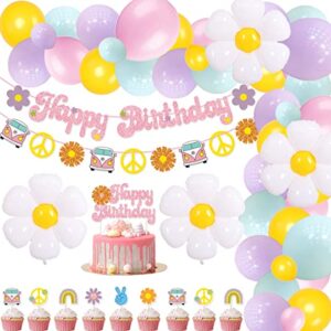 94 Packs Groovy Happy Birthday Party Kit Groovy Happy Birthday Banner Cake Topper Hippie Cupcake Toppers Daisy Mylar Balloon for 1960's 1970's Themed Groovy Birthday Party Decorations