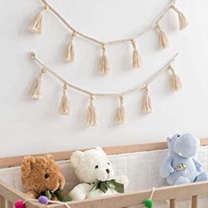 Dahey Wood Bead Garland with Tassels Banner Pom Pom Balls Garlands Decorative Wall Hanging for Boho Home Decor, Baby Shower, Nursey Room, Wedding, Birthday Christmas Party Decorations