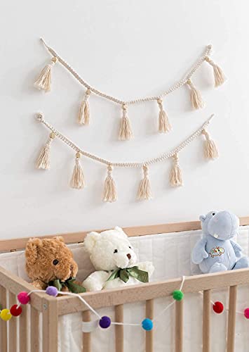 Dahey Wood Bead Garland with Tassels Banner Pom Pom Balls Garlands Decorative Wall Hanging for Boho Home Decor, Baby Shower, Nursey Room, Wedding, Birthday Christmas Party Decorations