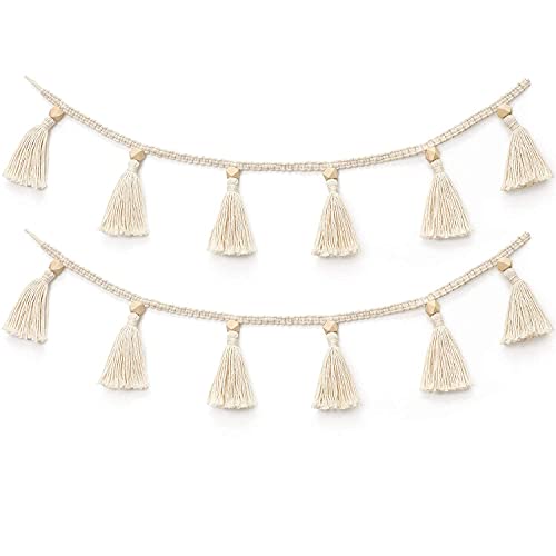 Dahey Wood Bead Garland with Tassels Banner Pom Pom Balls Garlands Decorative Wall Hanging for Boho Home Decor, Baby Shower, Nursey Room, Wedding, Birthday Christmas Party Decorations