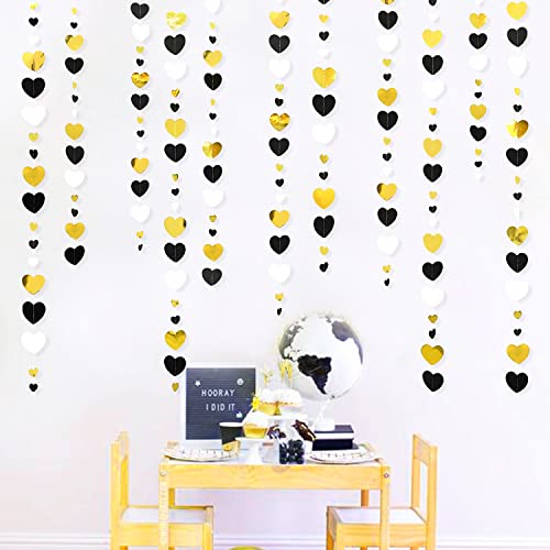 52Ft Black Gold White Love Heart Garland Hanging Paper Streamer Banner for Anniversary Bachelorette Engagement Wedding Bridal Baby Shower Birthday Mothers Day Valentines Day Party Decorations Supplies