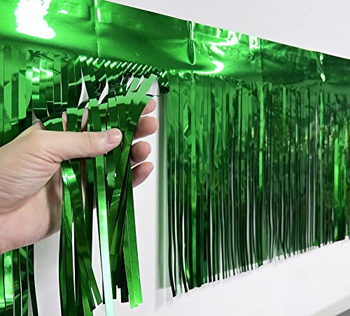 CareCheer 4 Pack 10 Feet Foil Fringe Garland Shiny Metallic Wall Hanging Drapes Tassel Skirting Decorations Supplies for Parade Float Trailer Mardi Gras Party Birthday Wedding (Green)