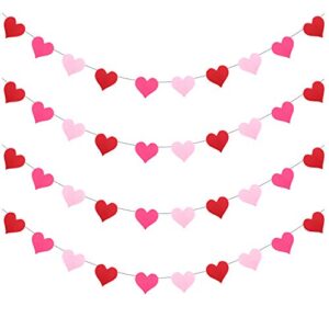 [Pack of 4] Felt Heart Garland Banner - NO DIY - Valentines Day Banner Decor -Valentines Decorations - Anniversary, Wedding, Birthday Party Decorations - Red, Rose Red and Light Pink Color