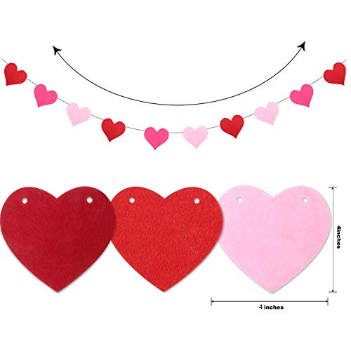 [Pack of 4] Felt Heart Garland Banner - NO DIY - Valentines Day Banner Decor -Valentines Decorations - Anniversary, Wedding, Birthday Party Decorations - Red, Rose Red and Light Pink Color