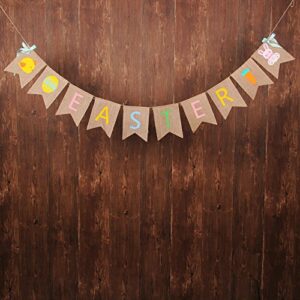 GOER Natural Burlap Banner for Easter Decorations,Easter Eggs Bunny Carrot and Chick Pattern Bunting Banner