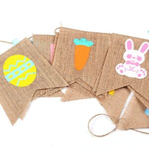 GOER Natural Burlap Banner for Easter Decorations,Easter Eggs Bunny Carrot and Chick Pattern Bunting Banner