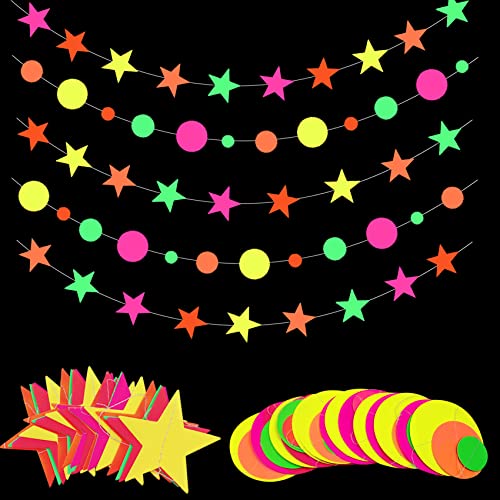 60Ft Neon Paper Garlands Circle Dots Stars Hanging Decorations Neon Party Supplies Set Glow in The Dark Party Supplies for Birthday Wedding Glow Party Decorations