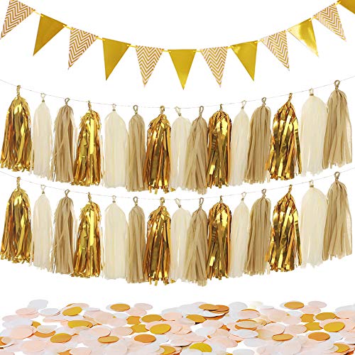 MerryNine Sparkly 30PCS Gold Tassel Garland and 15PCS Paper Pennant Banner Triangle Flags Bunting and 10g Gold Paper Confetti