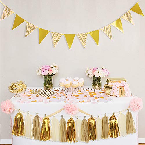 MerryNine Sparkly 30PCS Gold Tassel Garland and 15PCS Paper Pennant Banner Triangle Flags Bunting and 10g Gold Paper Confetti