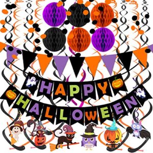 happy halloween banner paper triangle flag bunting circle confetti dots hanging garland honeycomb ball swirl streamers for halloween party decorations