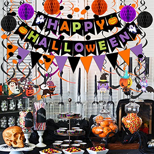 Happy Halloween Banner Paper Triangle Flag Bunting Circle Confetti Dots Hanging Garland Honeycomb Ball Swirl Streamers for Halloween Party Decorations