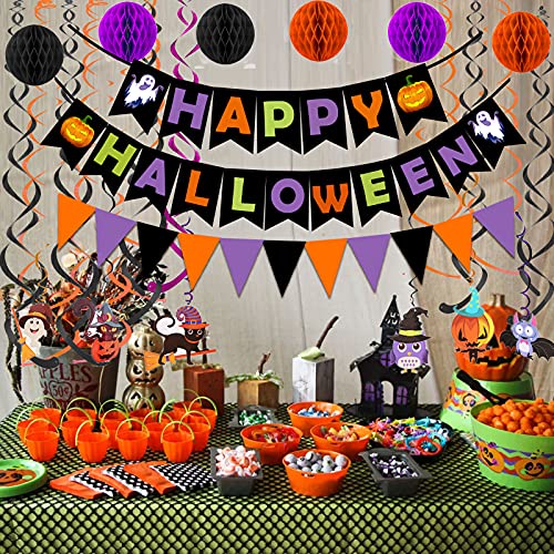 Happy Halloween Banner Paper Triangle Flag Bunting Circle Confetti Dots Hanging Garland Honeycomb Ball Swirl Streamers for Halloween Party Decorations
